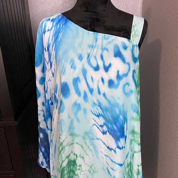 Dennis Basso Blouse Size 18W One Shoulder Asymmetrical Top Blue Green Flowy Chic - Picture 2 of 11